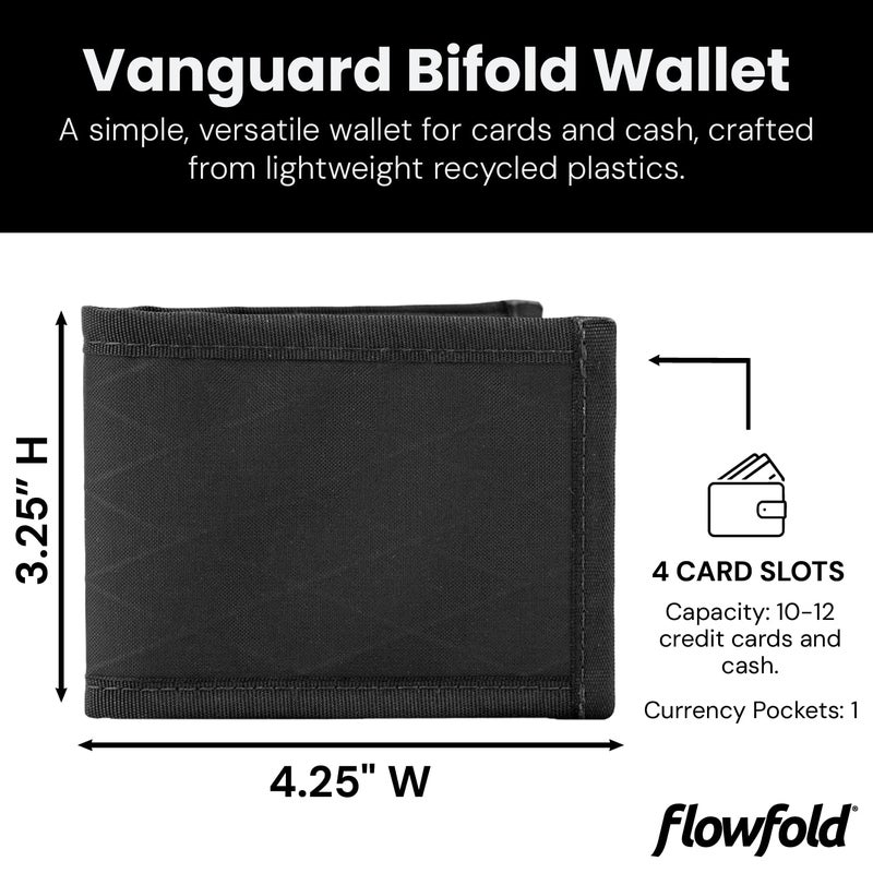 Flowfold Vanguard Recycled Material Bifold Wallet | Slim and Durable with Cash Pocket, Two Hidden Card Pockets and Two ID Windows | Holds 10-12 Cards | Minimalist Wallet Made in USA | Black - Image 2